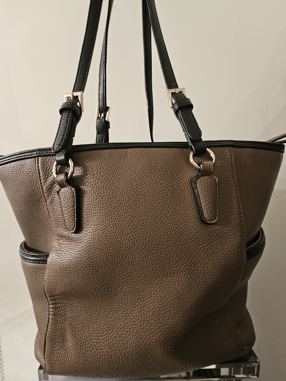 Jessica Two-Tone Pebbled Tote in Brown and Black